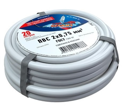 Rexant 01-8030-20 ∙ Провод соединительный ПВС 2x0,75 мм², белый, длина 20 метров, ГОСТ 7399-97 REXANT