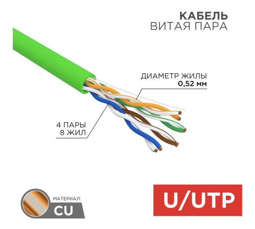 01-0061 ∙ Кабель витая пара U/UTP, cat.5e, нг(А)-LSLTx, 4х2х0,52мм, 24AWG, Indoor, Solid, зеленый, 305м Rexant