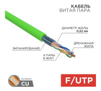 01-0161 ∙ Кабель витая пара F/UTP, cat.5e, нг(А)-LSLTx, 4х2х0,52мм, 24AWG, Indoor, Solid, зеленый, 305м Rexant