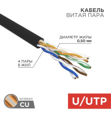 01-0065 ∙ Кабель витая пара U/UTP, Cat.5e, ZH нг(А)-HF, 4PR, 24AWG, Outdoor, Solid, черный, 305м, Rexant