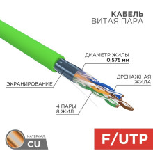 01-0171 ∙ Кабель витая пара F/UTP, cat.6, нг(А)-LSLTx, 4х2х0,575мм, 23AWG, Indoor, Solid, зеленый, 305м Rexant