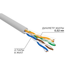 02-0005-R ∙ Кабель витая пара U/UTP, CAT 5е, PVC, 4x2x0,52 мм, 24AWG, INDOOR, SOLID, серый, 305м, РФ Rexant