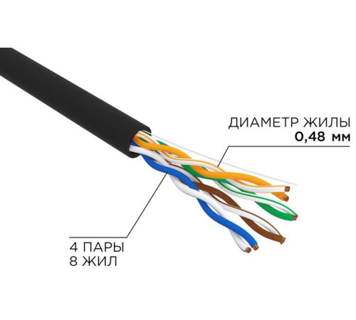 01-0301 ∙ Кабель витая пара U/UTP, CAT 5e, PE, 4PR, 24AWG, OUTDOOR, SOLID, черный, 305м, серия LIGHT, РФ Rexant