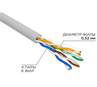 02-0004-R ∙ Кабель витая пара U/UTP, CAT 5е, ZH нг(А)-HF, 4x2x0,52 мм, 24AWG, INDOOR, SOLID, серый, 305м, РФ Rexant