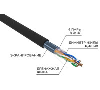01-0154-R ∙ Кабель витая пара F/UTP, CAT 5e, PE, 4PR, 24AWG, OUTDOOR, SOLID, черный, 305м, серия LIGHT, РФ Rexant