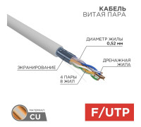 02-0025 ∙ Кабель витая пара F/UTP, CAT 5e, PVC, 4х2х0,52 мм, 24AWG, INDOOR, SOLID, серый, 305 м Rexant PRO